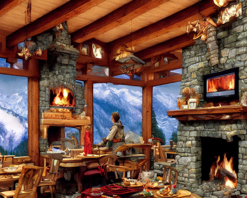 Mountain lodge interior with fireplace, wooden furniture, snowy views, and person.