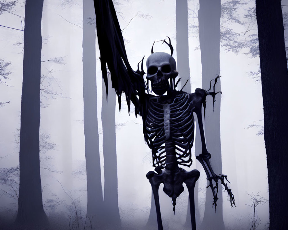 Elongated skeletal figure in foggy dark forest