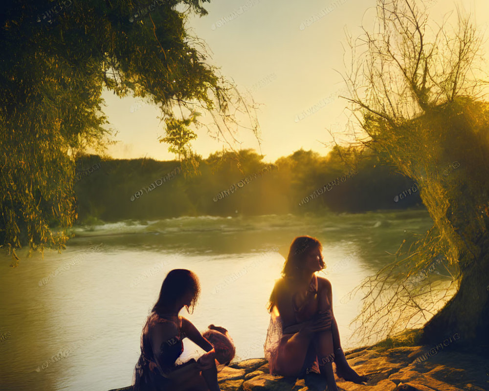 Sunset scene: Two people by river under tree, golden sunlight.