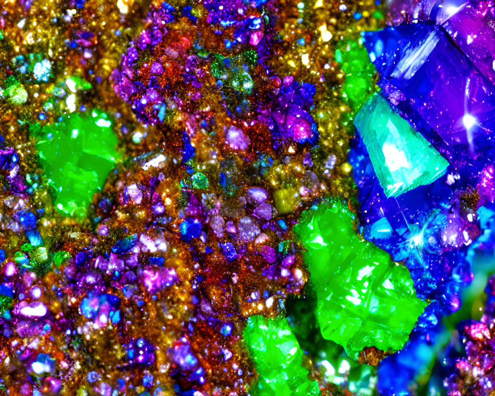 Colorful Close-Up of Sparkling Crystals in Green, Blue, Purple, and Gold