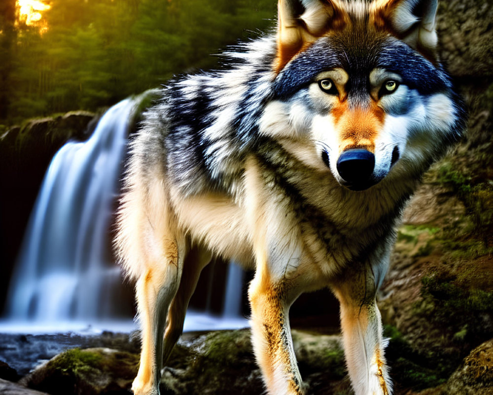 Vivid Photorealistic Wolf by Waterfall with Sunlight