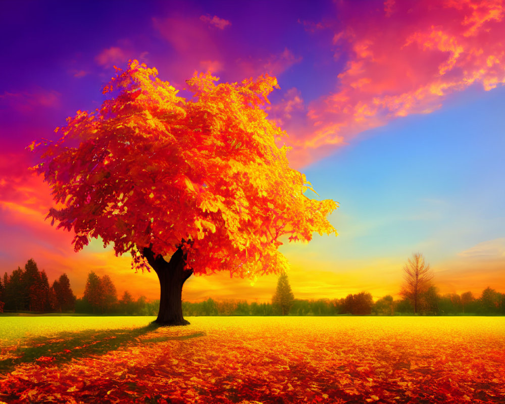 Solitary Tree with Orange Leaves in Colorful Autumn Sunset