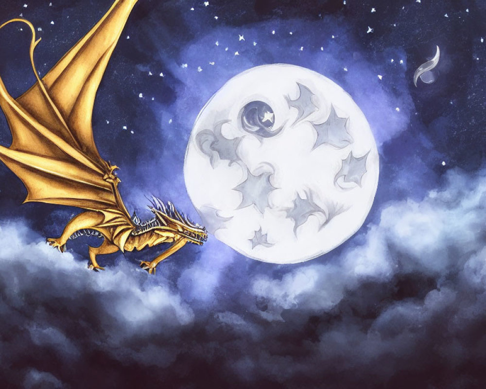 Majestic dragon flying in starry night sky