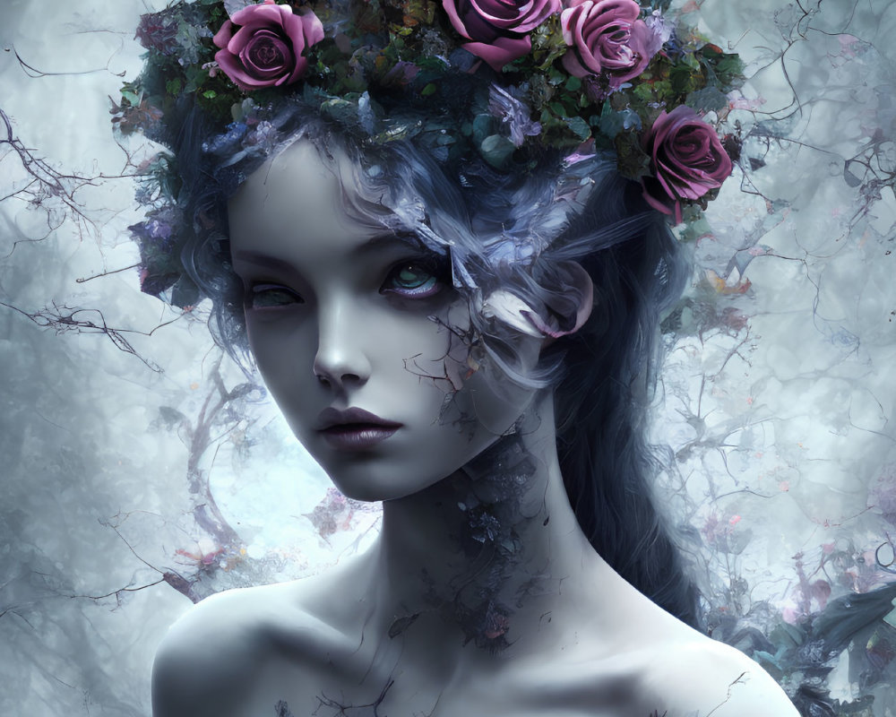Blue-skinned woman with rose crown in mystical setting