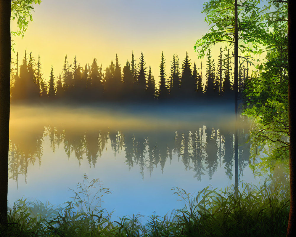 Tranquil lakeside sunrise with fog, forest reflection