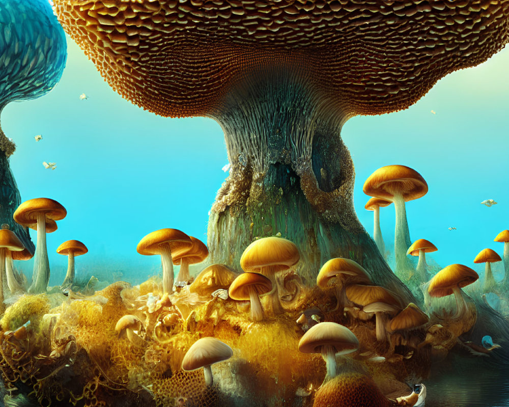 Vibrant oversized mushrooms in fantastical landscape with floating fish
