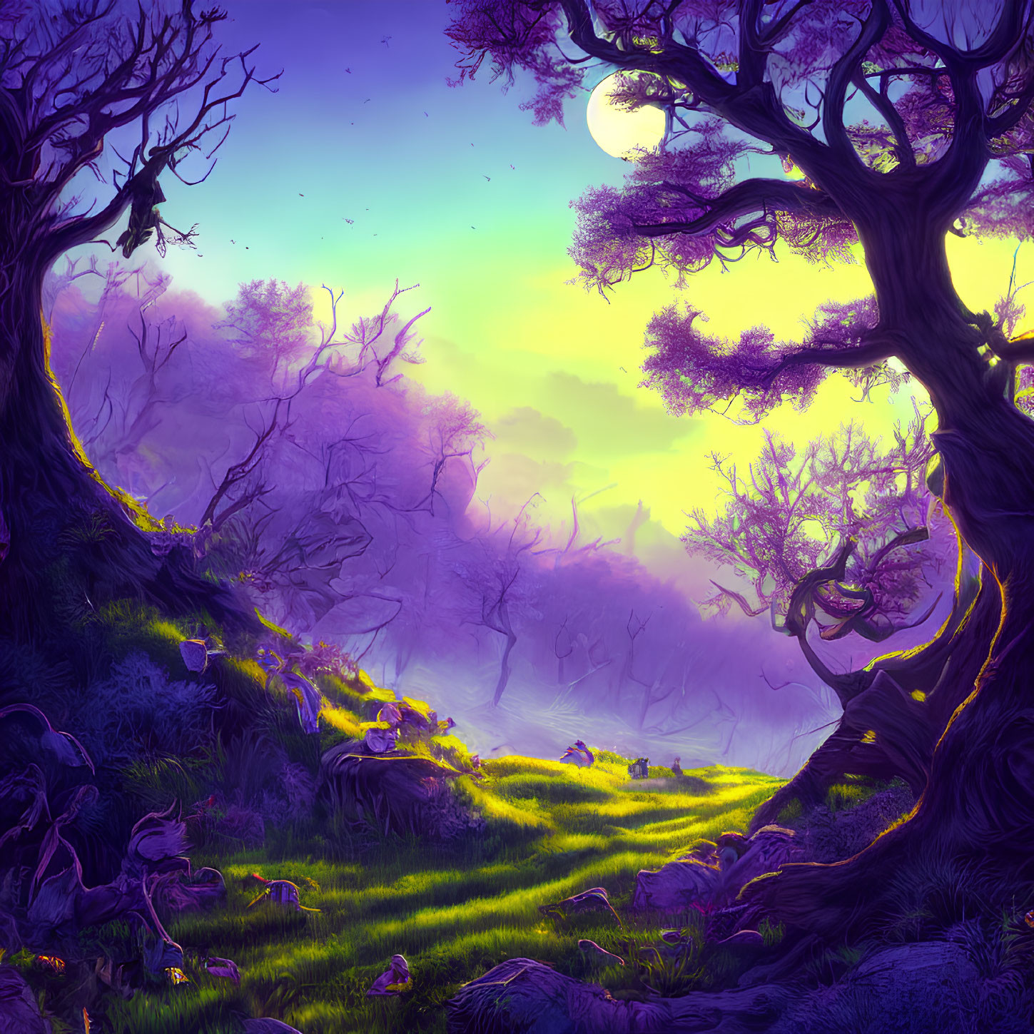 Twisted trees in mystical purple forest at twilight