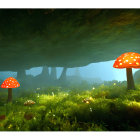 Ethereal enchanted forest glade with oversized red mushrooms and magical light.