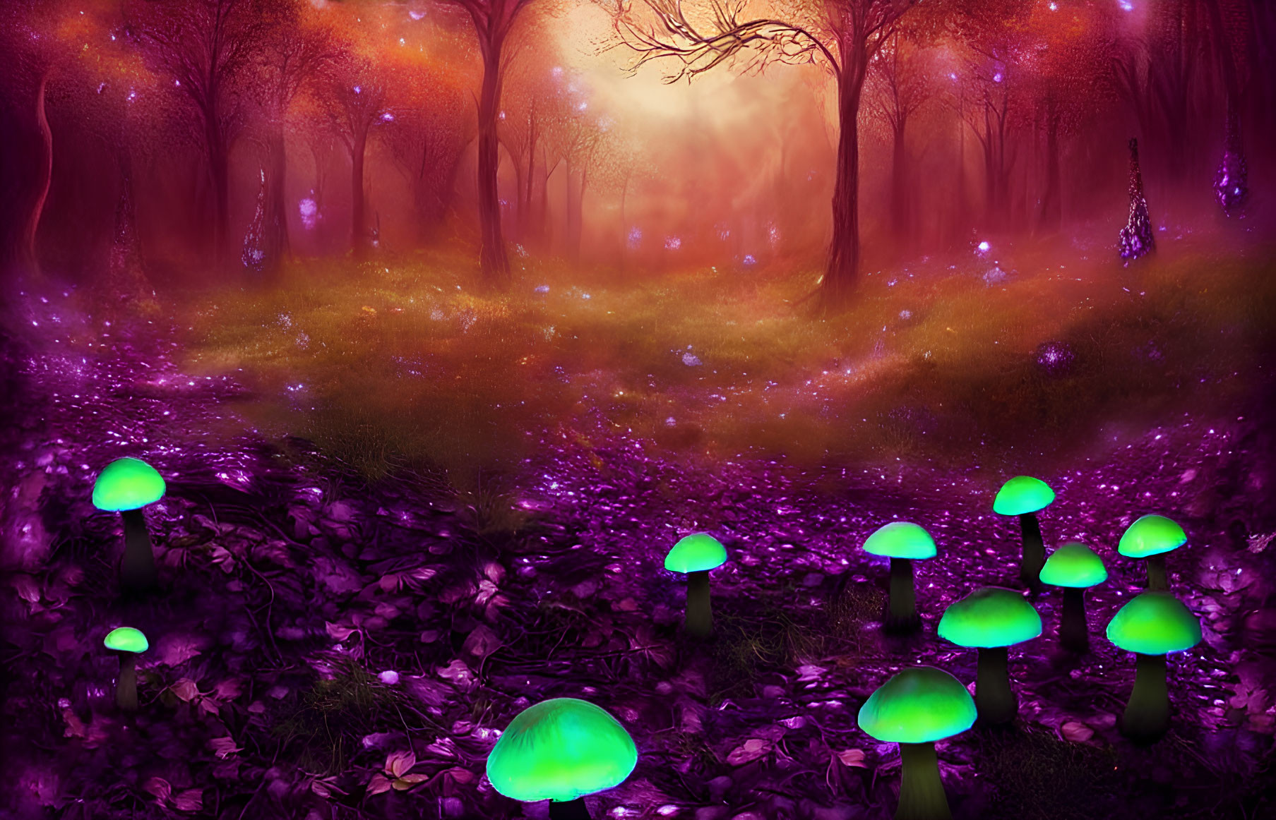 Enchanting purple forest with glowing mushrooms and sunset fog