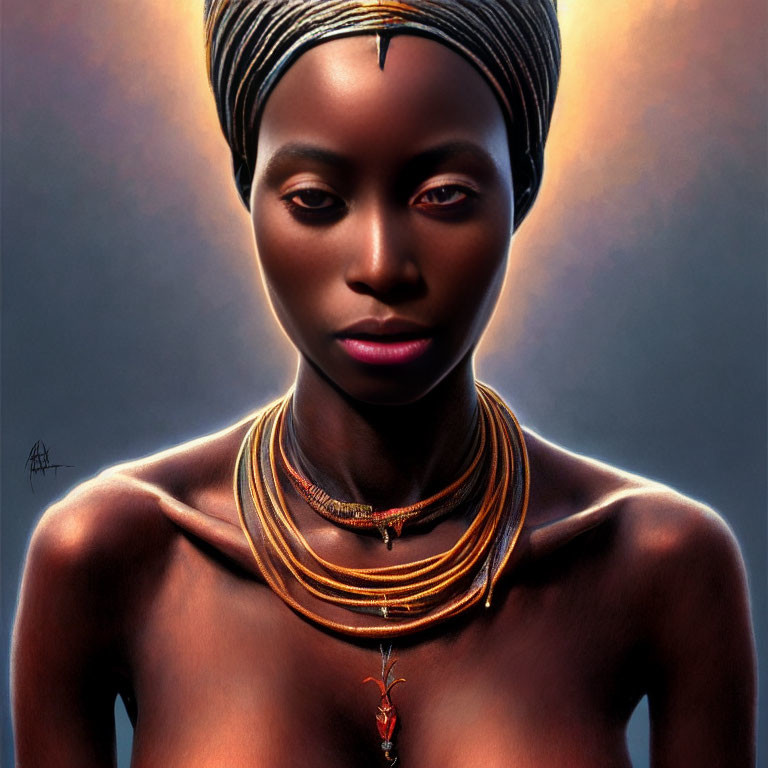 Woman's Portrait with Head Wrap and Traditional Necklaces in Soft Lighting