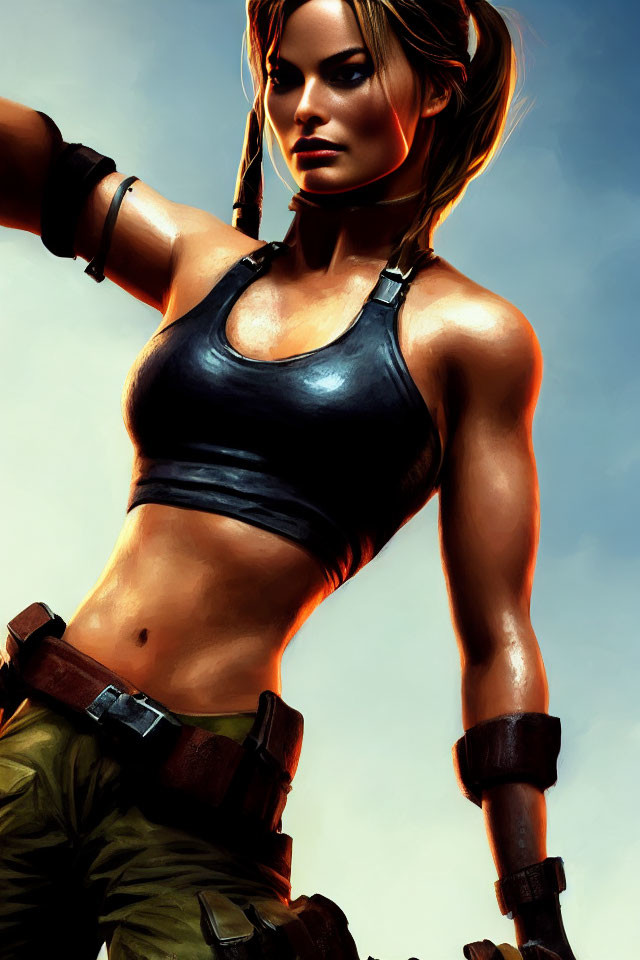 Athletic woman in tank top and combat trousers against sky background