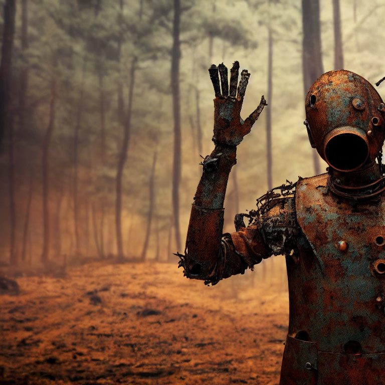Rusty Robot in Misty Forest Setting
