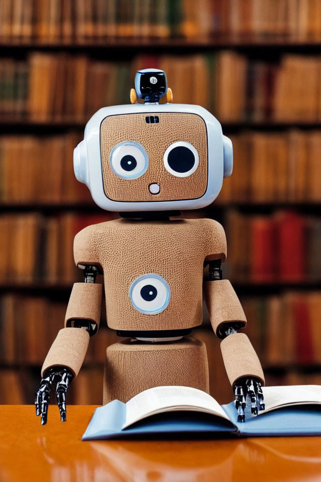 Adorable fabric robot reading book at table with bookshelf
