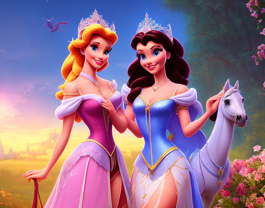 Two smiling princesses with tiaras and a white horse in front of a castle and sunset sky.