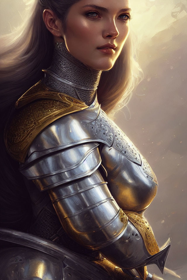 Warrior woman digital artwork: long hair, ornate silver and gold armor