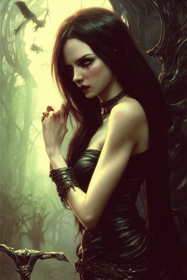 Gothic female figure in dark dress with wing-like extensions in misty forest