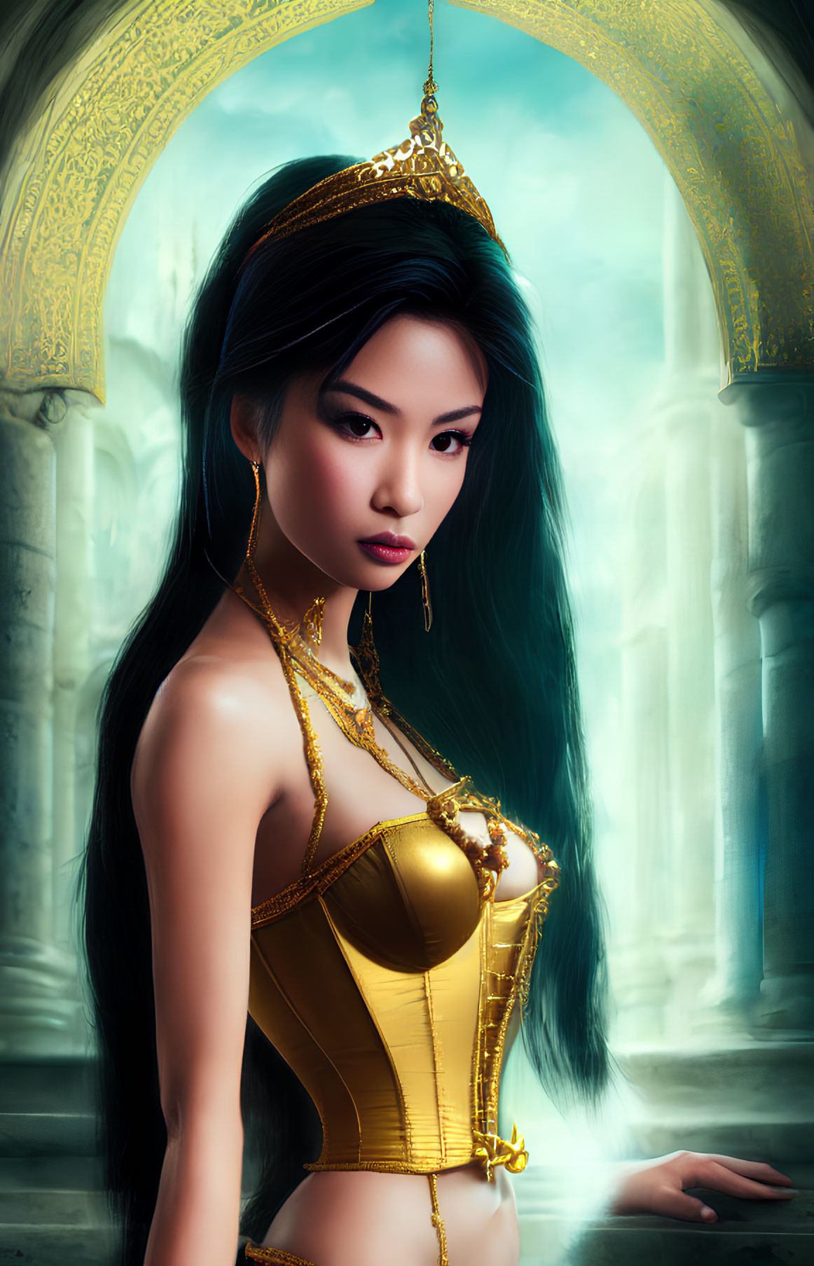 Digital artwork of regal woman in golden attire and crown in palace.