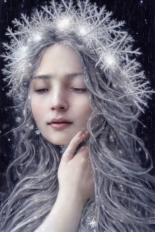 Pale-skinned person with long, wavy gray hair in snowflake adornment, amid falling snow
