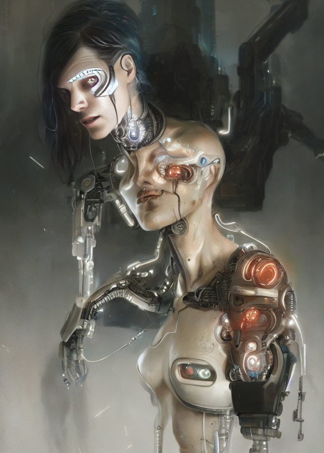 Futuristic humanoid robot and person with cybernetic enhancements.