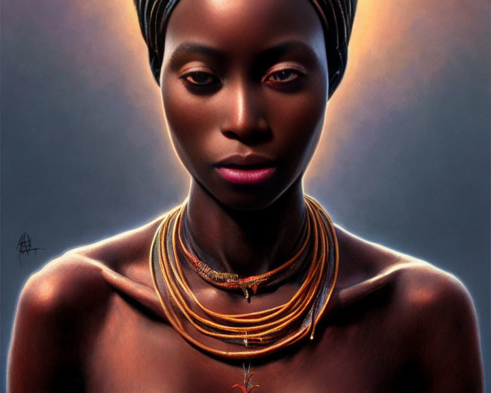 Woman's Portrait with Head Wrap and Traditional Necklaces in Soft Lighting