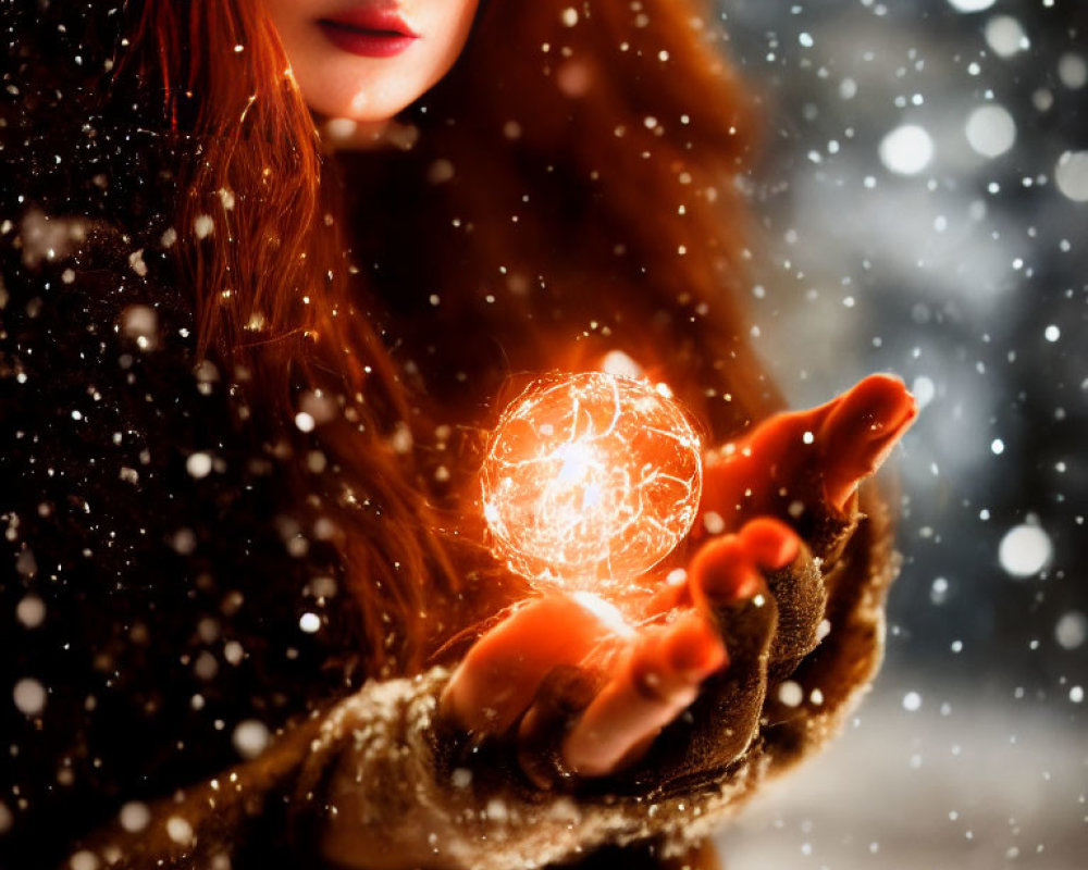Red-haired person holding glowing orb in snowy weather