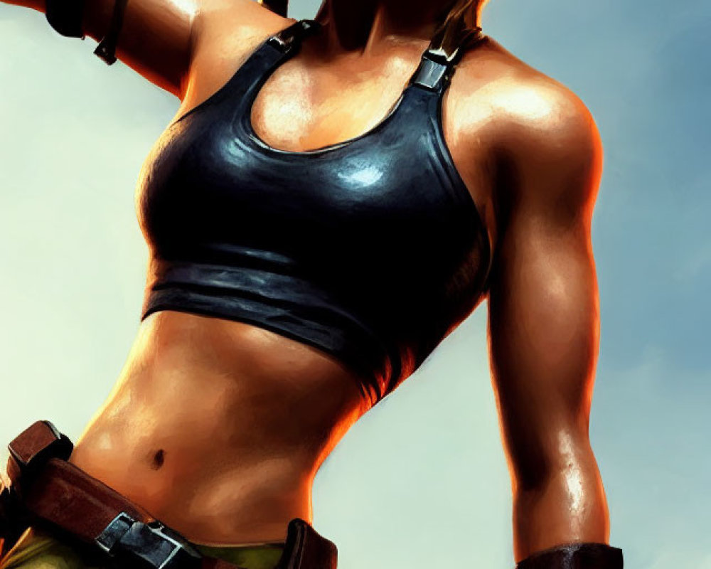 Athletic woman in tank top and combat trousers against sky background