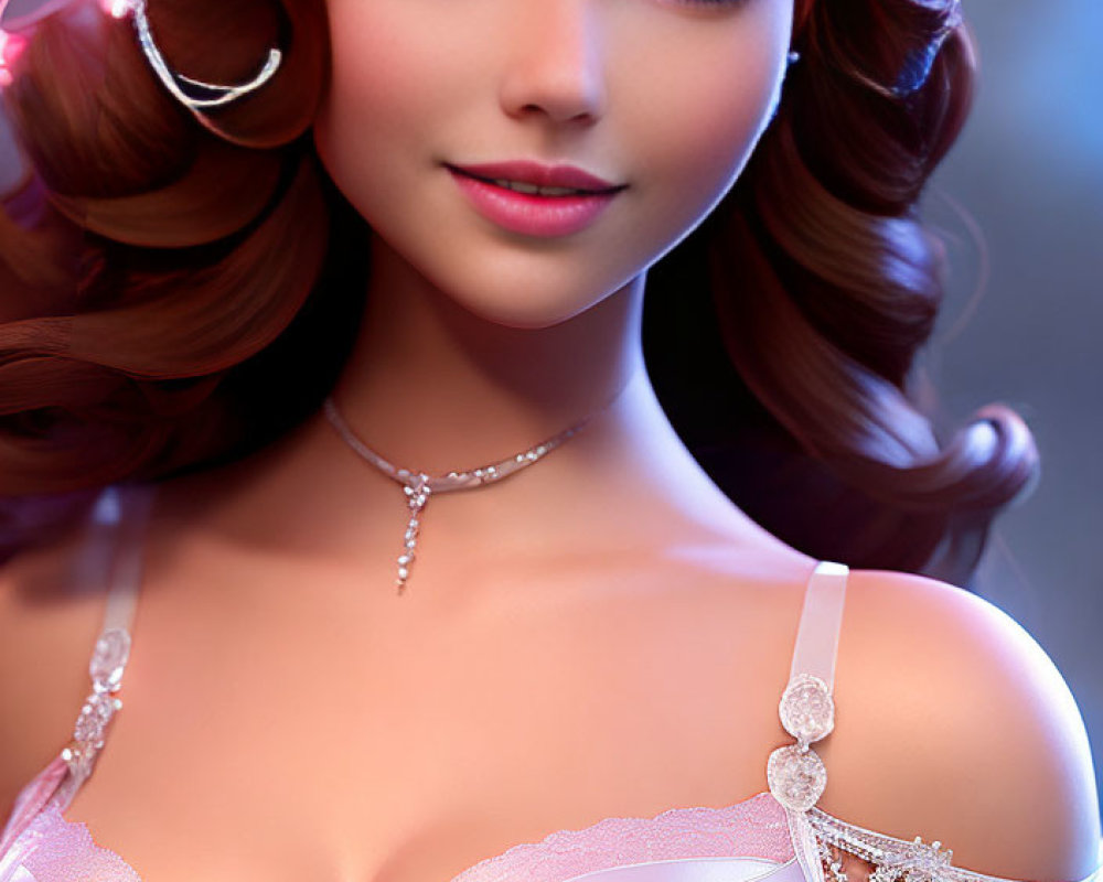 Digital Artwork: Woman with Large Blue Eyes, Tiara, Ornate Earrings, Pink G