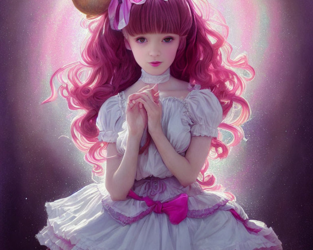 Illustration of girl with pink wavy hair, big eyes, white dress, cosmic background