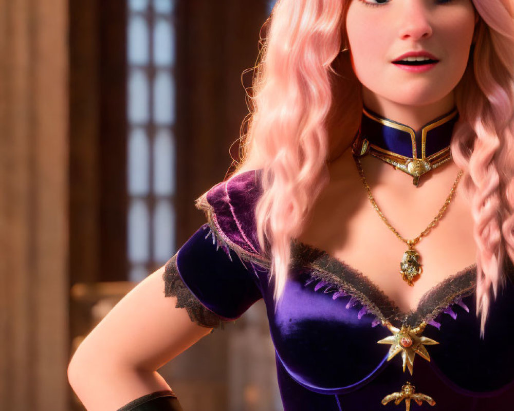 Pink-haired 3D character in purple dress with gold trim, black glove, choker necklace,