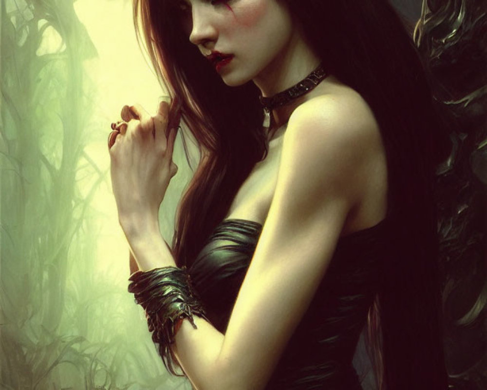Gothic female figure in dark dress with wing-like extensions in misty forest