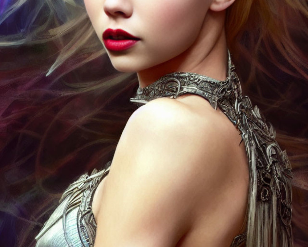 Blonde Woman in Silver Armor with Mystical Background