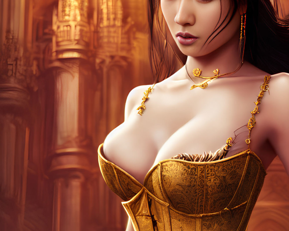 Digital Artwork: Woman in Golden Fantasy Attire with Dark Hair