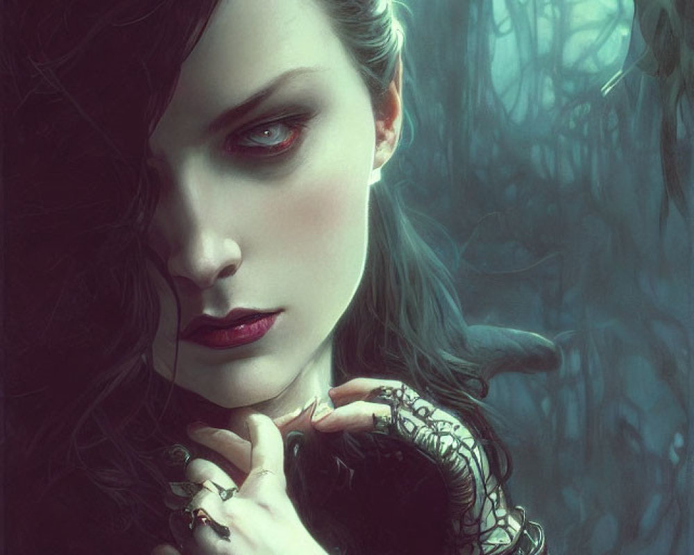Illustrated woman in misty forest with intricate jewelry and red lips