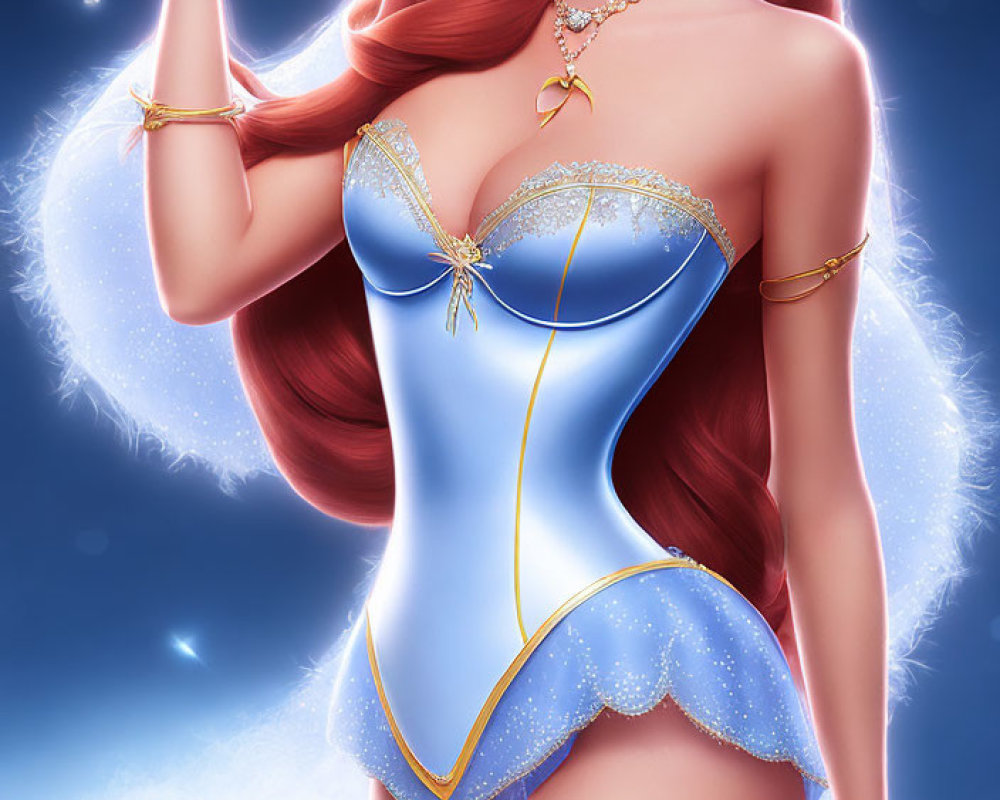 Illustration of woman with long red hair in blue and white corset holding magic wand