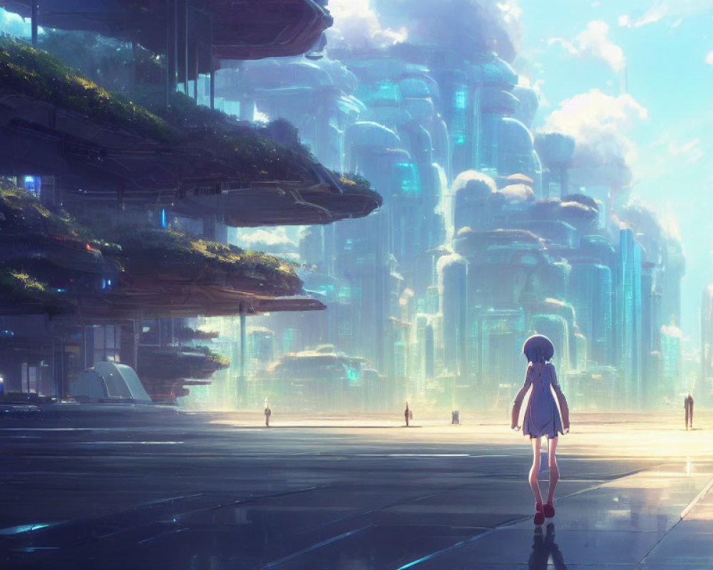 Girl with backpack walking towards futuristic cityscape in misty sunlight
