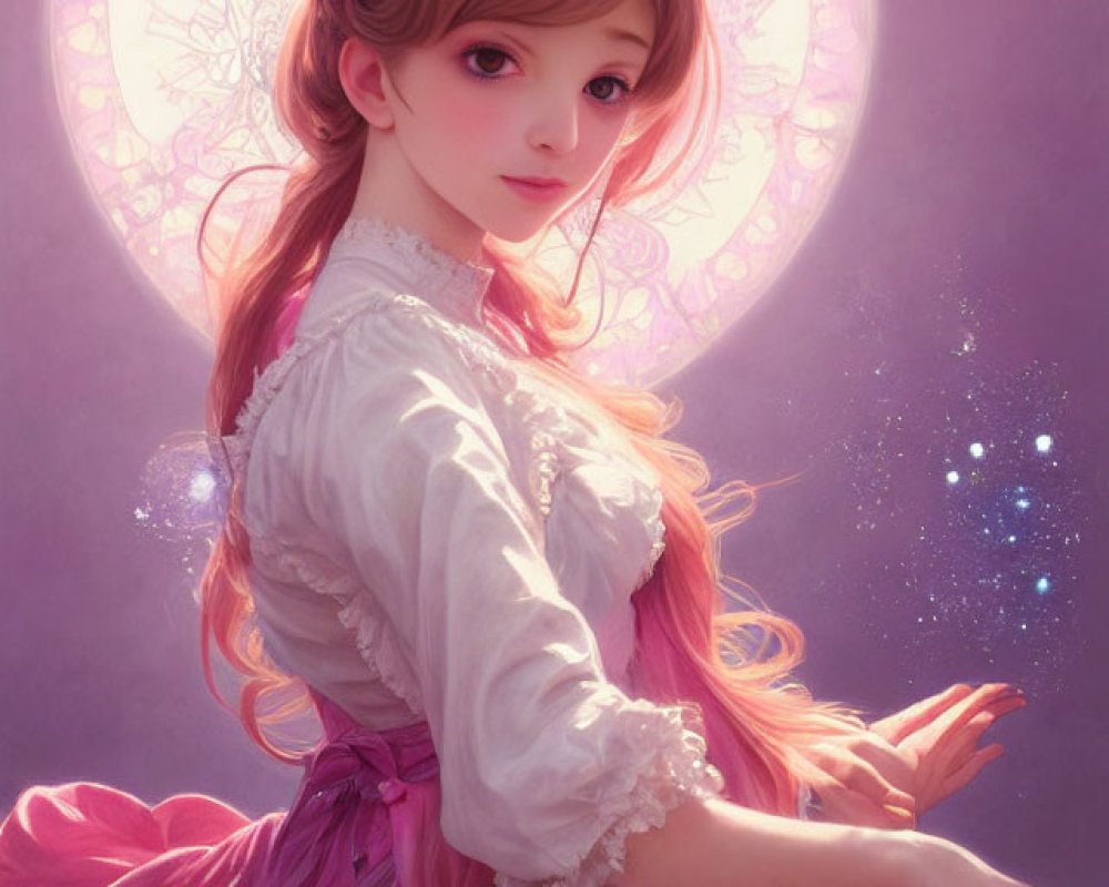 Digital Artwork: Young Woman with Intricate Hairstyles in Romantic Pink Dress