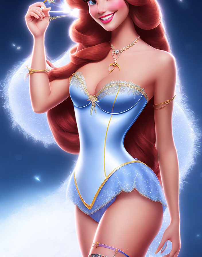 Illustration of woman with long red hair in blue and white corset holding magic wand
