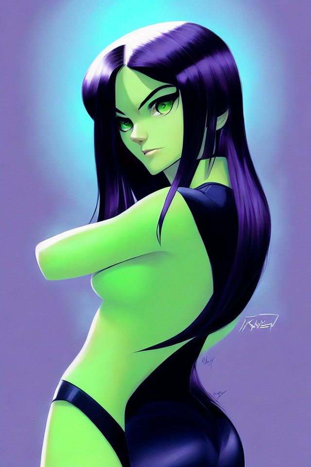 Stylized drawing of female character with green skin and black hair