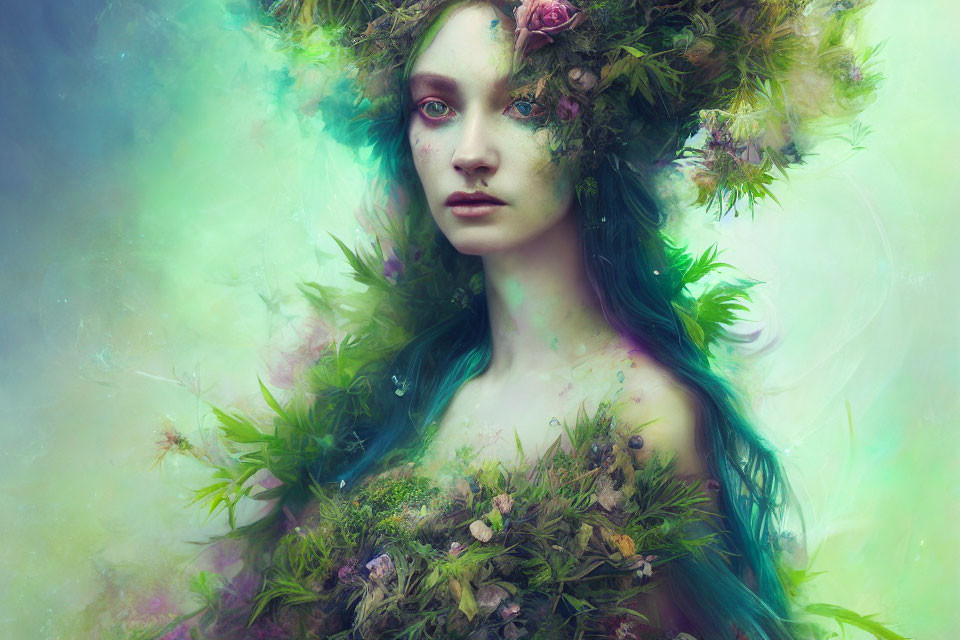 Portrait of woman with floral headdress in surreal setting