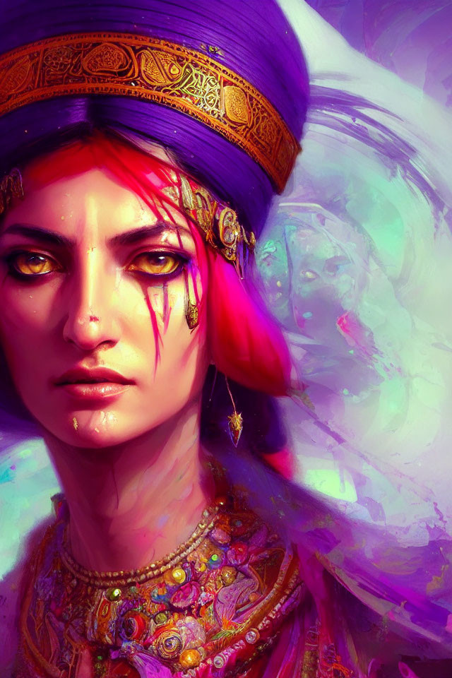 Vibrant digital painting of woman with purple headscarf and spectral figure