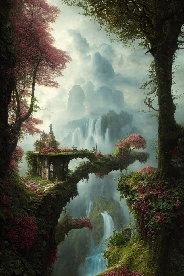 Fantastical landscape with overgrown cliff-side house and pink foliage trees.