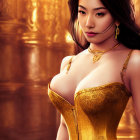 Digital Artwork: Woman in Golden Fantasy Attire with Dark Hair