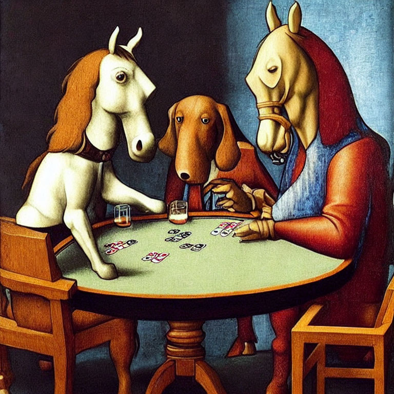 Anthropomorphic animals playing cards in surreal artwork