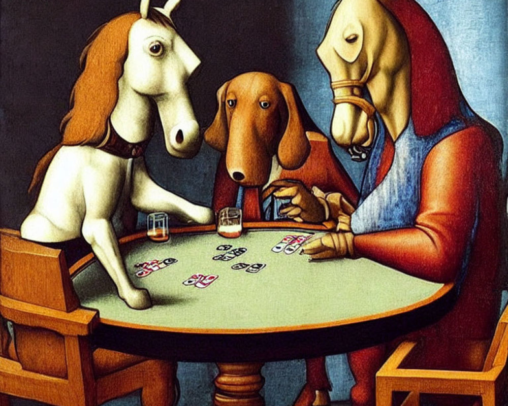 Anthropomorphic animals playing cards in surreal artwork