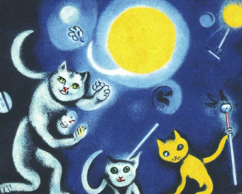 Whimsical cats in celestial scene with cosmic elements
