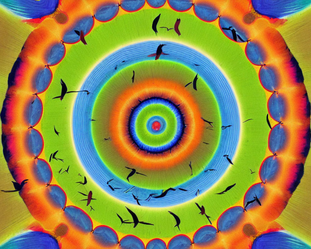 Colorful Bird Silhouettes in Circular Kaleidoscope Design