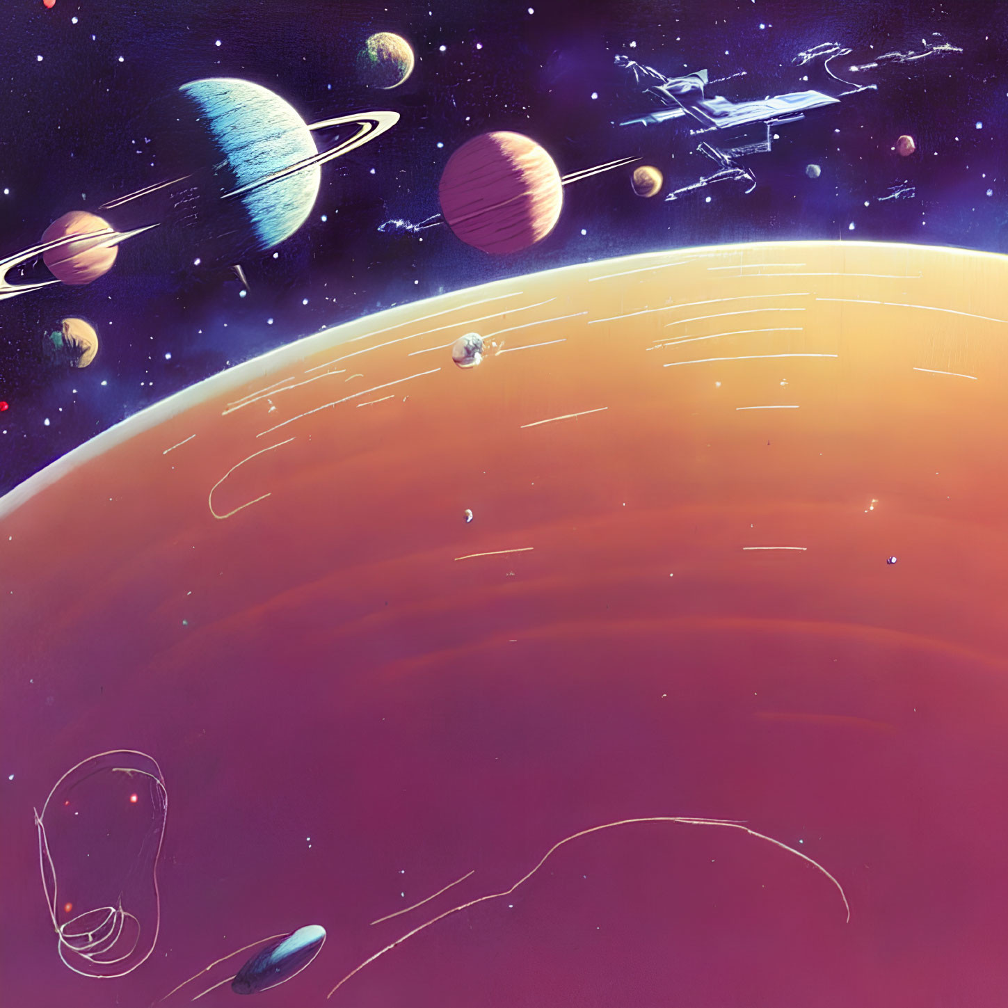 Colorful space illustration with orange planet, rings, other planets, and spaceship among stars