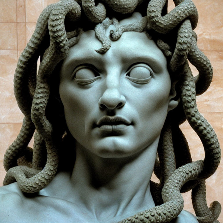 Medusa Sculpture: Serene Expression, Snake Hair, Earth-Toned Background