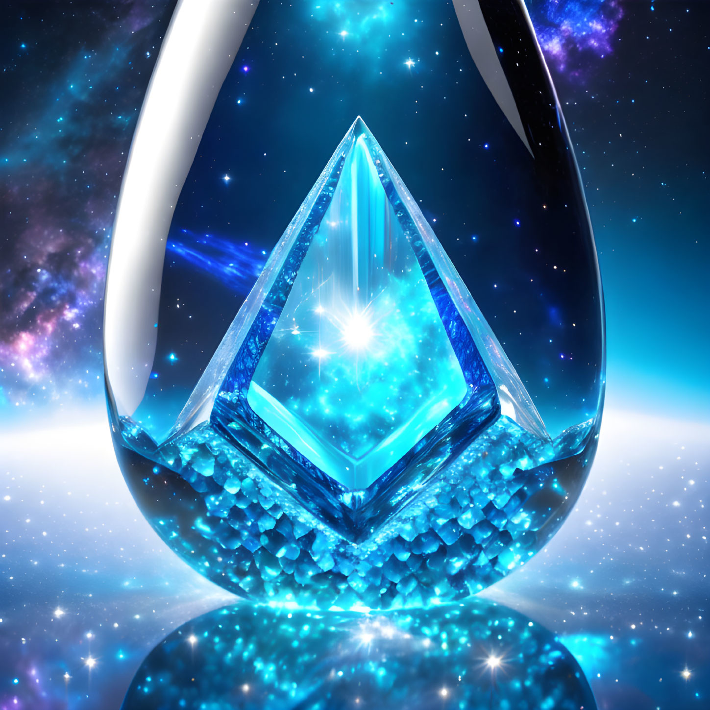 Luminous blue crystal embraced by silky white bands on cosmic background