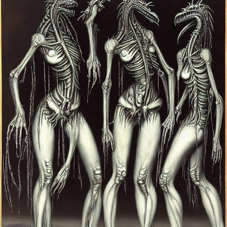 Abstract skeletal figures with elongated limbs in dark space
